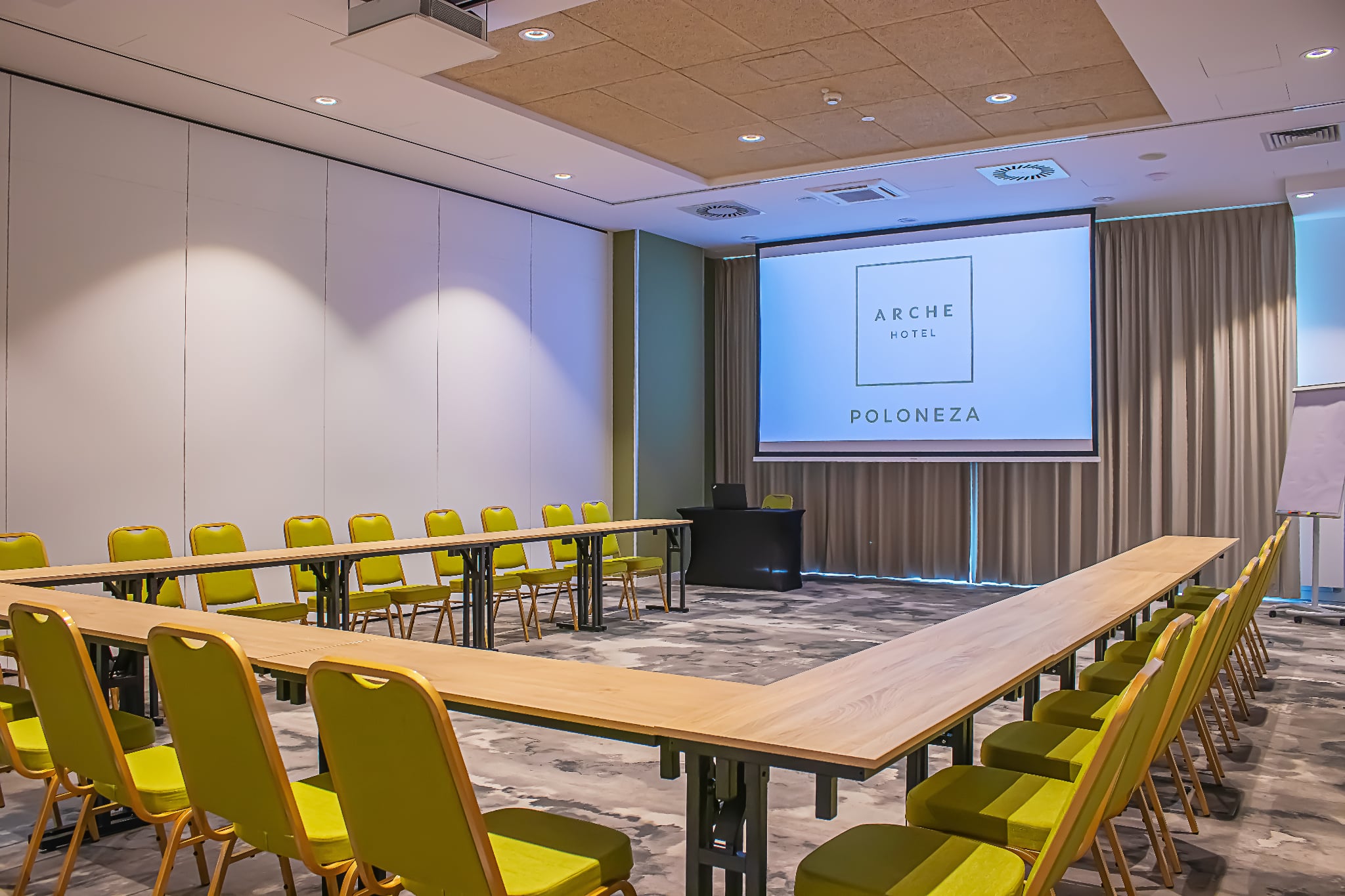 The theatre-style conference room layout is ideal for larger corporate events, conferences and presentations for bigger audiences